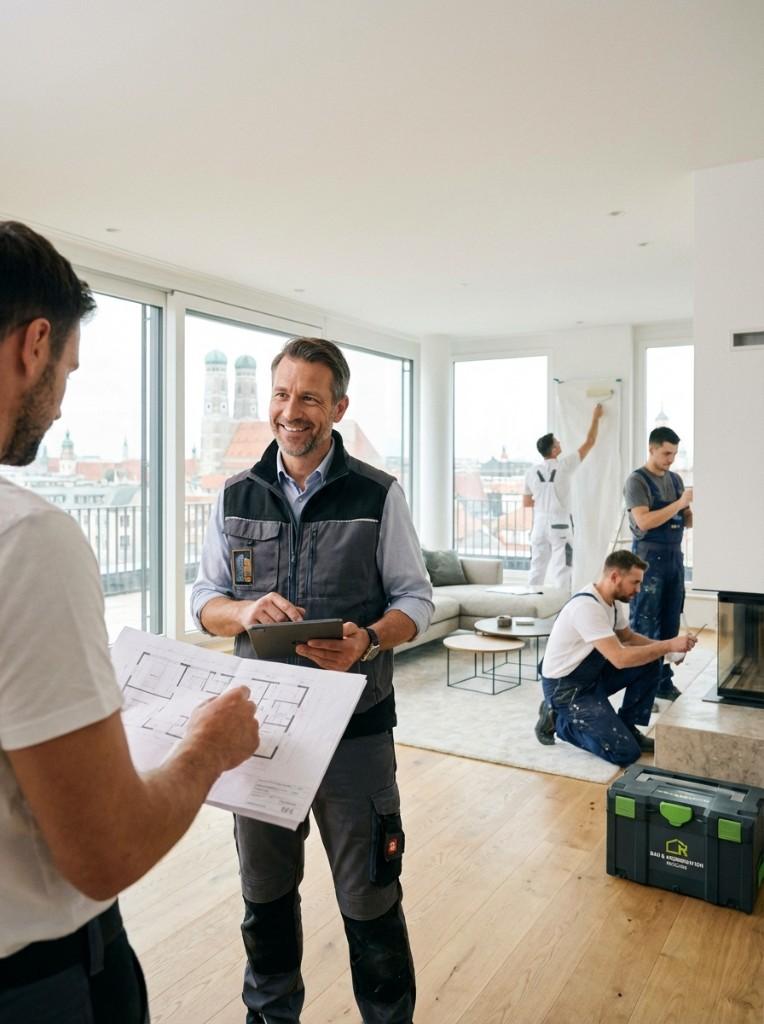 Handwerker-Team bei der Koordination einer Renovierung in München — Bärenwald