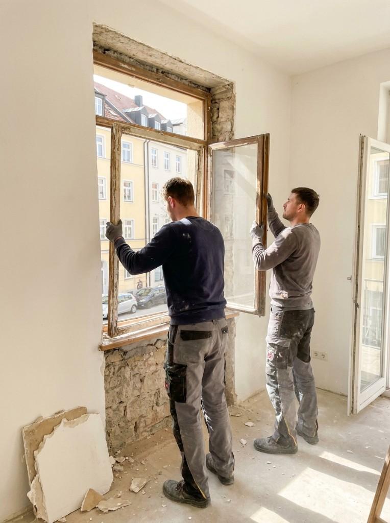 Zwei Handwerker tauschen ein altes Fenster in einer Wohnung aus