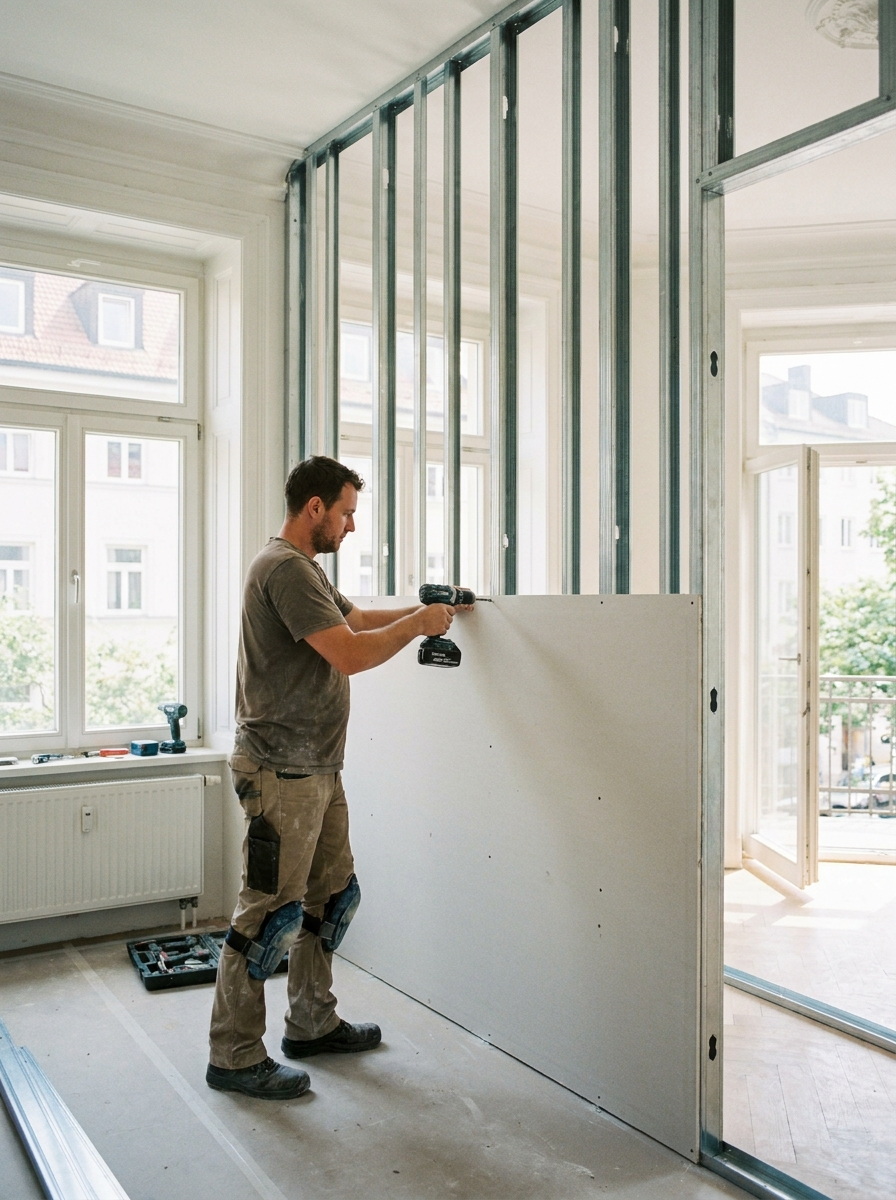 Trockenbauer stellt Metallständerwände und montiert Gipskartonplatten für neue Räume