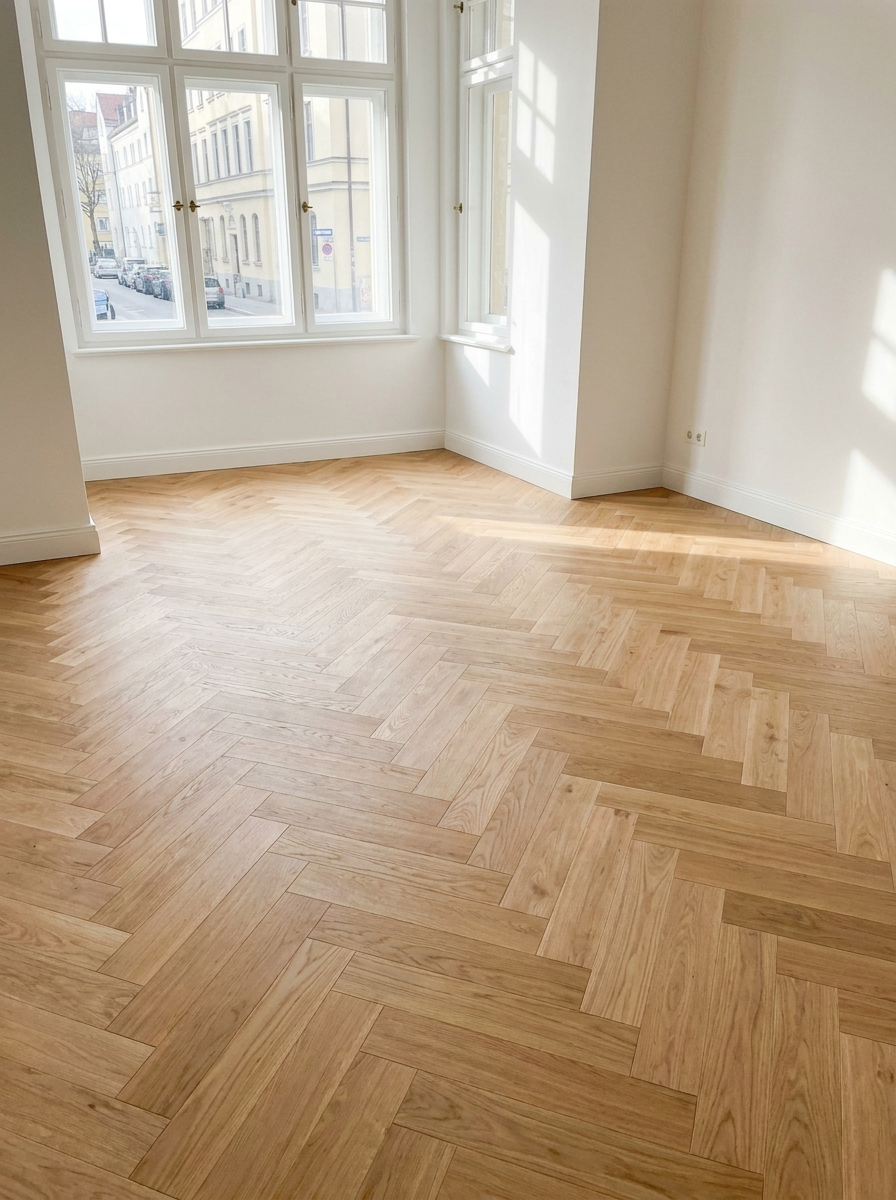 Handwerker verlegt hellen Holzboden, Maßband und Werkzeug liegen auf den Dielen