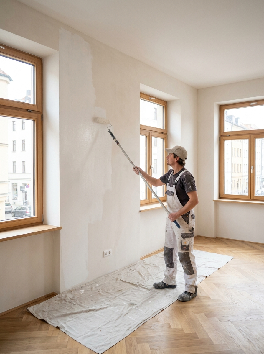 Maler in weißem Overall trägt mit der Farbrolle weiße Farbe auf eine Wand auf